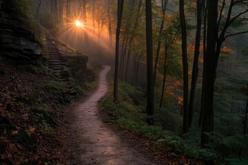 Fototapeta premium Sunbeams Path Through Autumn Woods
