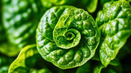 Macro shot of green sorrel leaves curled in natural spiral, botanic close-up, soft shadows