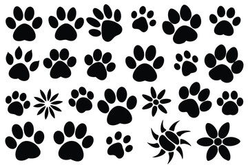 Fototapeta premium Vector illustration of Various Dog Paw Prints black and white.