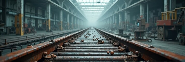 Abandoned industrial warehouse with rusty train tracks in vanishing perspective