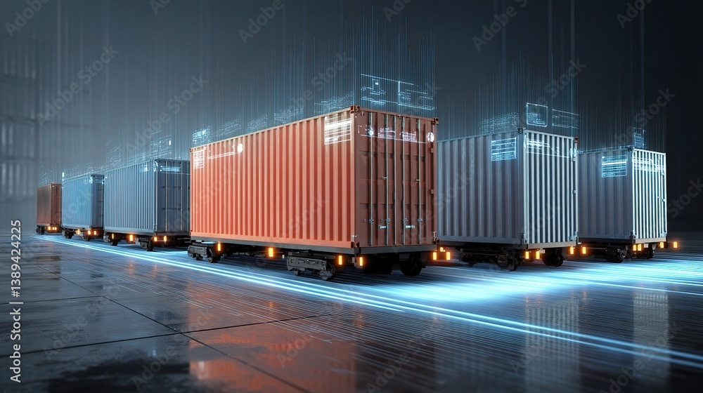 Poster advanced cargo containers with barcode scanning in a warehouse setup