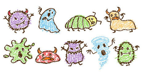 Crazy silly scary monster set. Like kids hand drawn cartoon character childlike art. Crayon or pencil chalk vector caterpillar slime, ghost, goblin, troll, yeti, alien. Fantastic funny horrible doodle