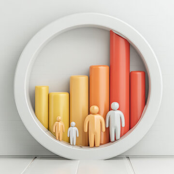 3D illustration of demographics chart with colorful human figures and bar graph elements, symbolizing population data analysis. vibrant colors create dynamic visual impact