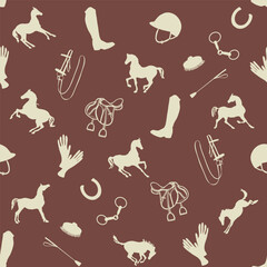 Equestrian art seamless pattern. Horse silhouette, bridle, saddle. Elegant horse motif background. Horse tack, horse gear vector ornament. England luxury classic vintage hand drawn style