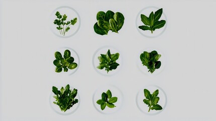 Minimalist vector set of salad leaves in circular composition, designed for organic product branding