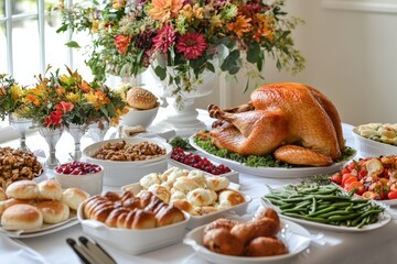 A beautifully cooked turkey with fresh green beans on the table