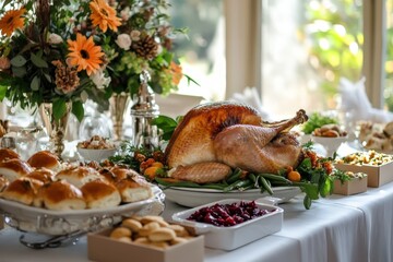 A beautifully cooked turkey with fresh green beans on the table