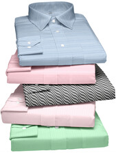 A folded stack of blue cotton clothes includes casual jeans and a shirt, an isolated garment object