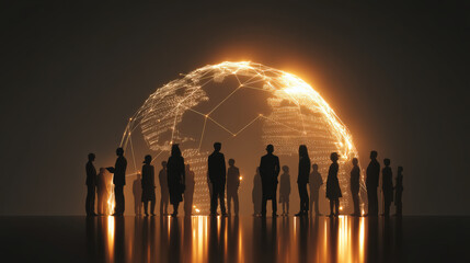 diverse group of silhouetted people stand around glowing digital globe, symbolizing global business and connectivity. warm light creates futuristic and collaborative atmosphere