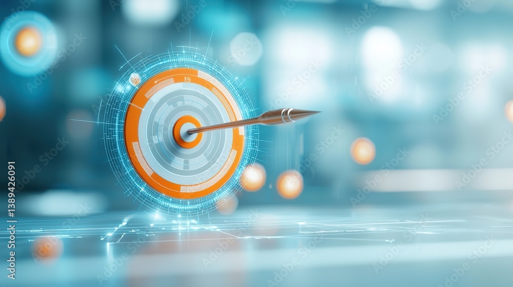 Poster futuristic target concept with a dart, symbolizing precision and focus in a digital environment.