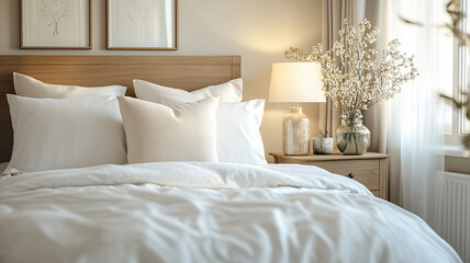 Light Bedroom. Cozy bedroom with a large bed, wooden nightstand, and vase with flowers. Calm interior.