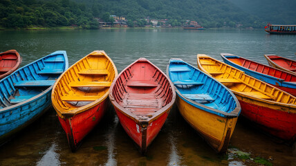 Obraz premium Phewa Lake Boats. Colorful wooden rowing boats on Phewa Lake, Nepal. A scenic travel destination and cultural image.