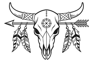 72 Stylized cow skull, tribal patterns, decorative horns, feathers, geometric designs, black and white illustration, Native American inspired, bohemian artwork, crossed arrows, line drawing, symmetric