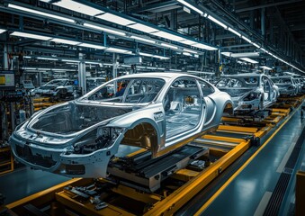 A vehicle is currently being constructed in a factory on a conveyor belt