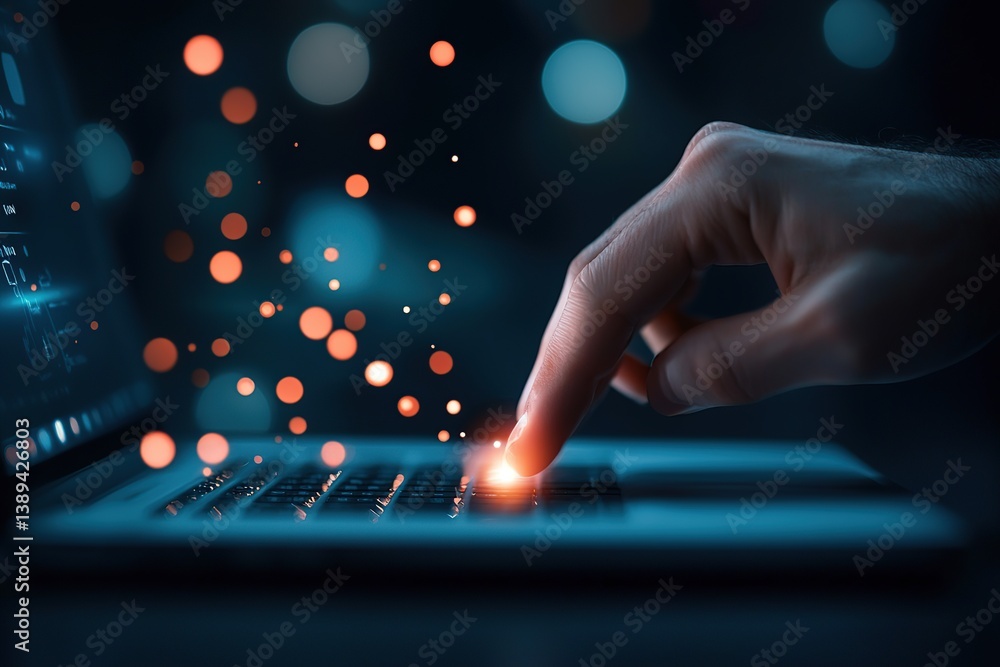 Poster a hand interacts with a glowing laptop keyboard, surrounded by floating light particles.