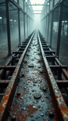 Fototapeta premium Rusty rails in abandoned industrial warehouse with atmospheric fog