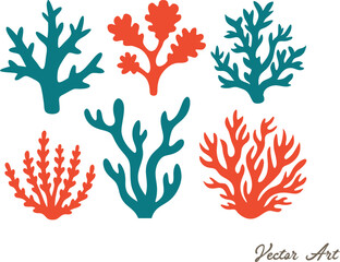 set of coral seaweed shape aesthetic element, vector,silhouette, abstract cartoon underwater plant collection © Badhon