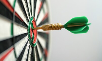A vivid green dart rests right at the center of a targets bullseye