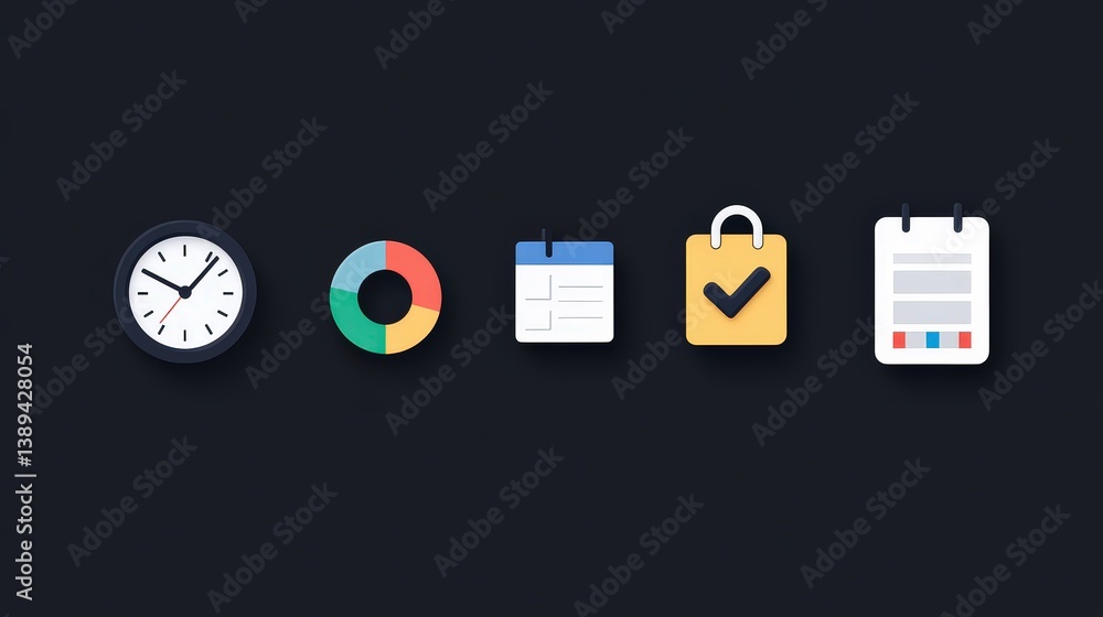Poster a minimal set of productivity icons with a checklist, clock, progress bar, and calendar in a simple,