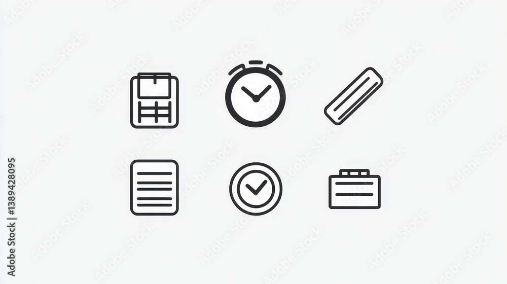 Poster a minimal set of productivity icons with a checklist, clock, progress bar, and calendar in a simple,