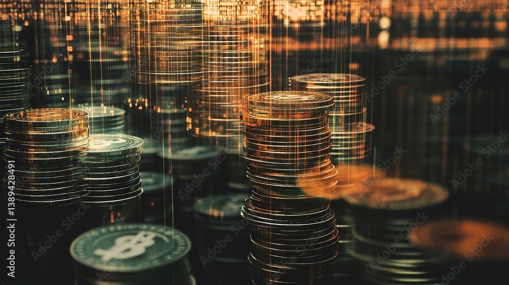 Poster double exposure financial graph with stacks of coins and data visuals