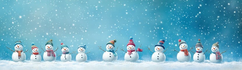 Fototapeta premium Snowmen in hats and scarves are standing in the snow