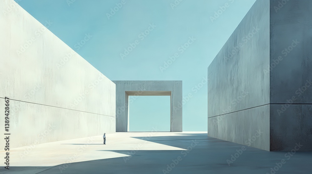 Poster a minimalist abstract construction scene featuring a vast, empty space with only a single geometric 