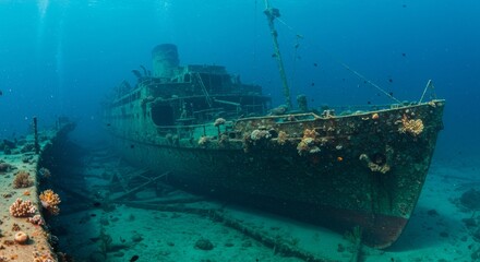 Sunken Shipwreck Underwater Scene - A majestic sunken shipwreck rests on the ocean floor, covered in vibrant coral and marine life. A tranquil underwater scene