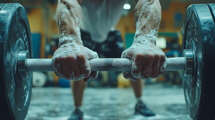 Weightlifter preparing for deadlift with chalk-covered hands gripping a heavy barbell in a gym setting