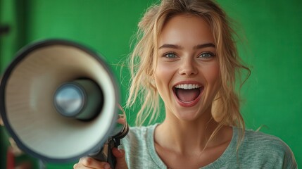 Smiling woman with megaphone against green screen