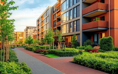 Tall apartment buildings have a walkway in between for access