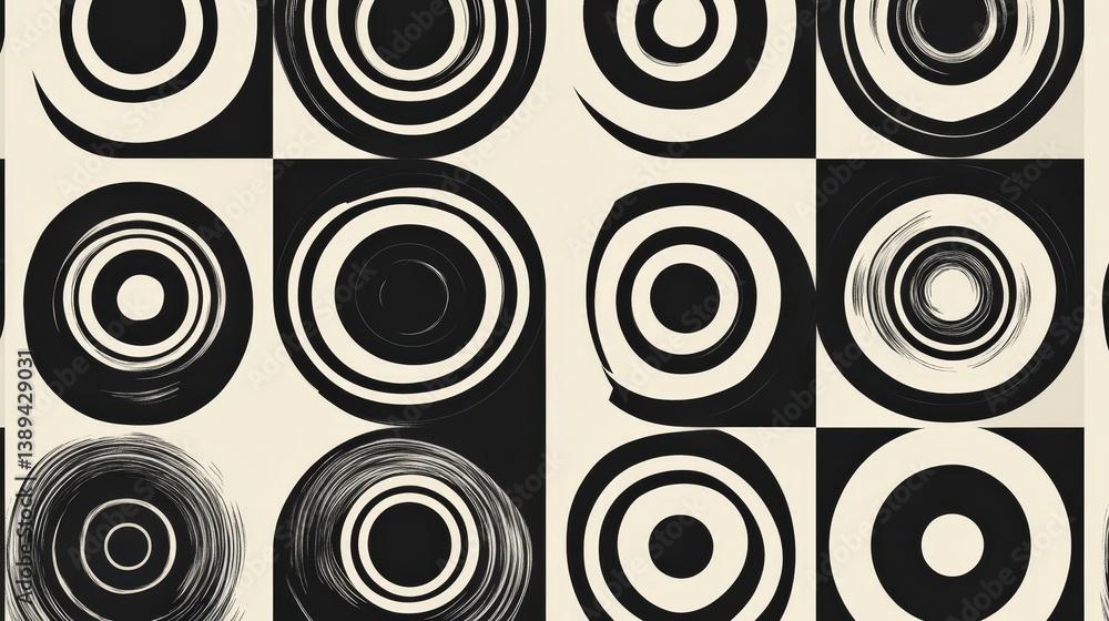 Poster a minimalist geometric pattern with repeating circles and squares in a monochrome black and white de