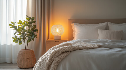 Cozy White Bedroom. A stylish bedroom with white bedding, a wooden headboard, and soft lighting. Ideal for interior design and home decor themes