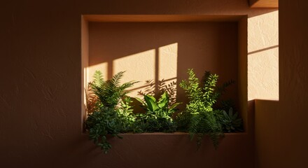 Sunlit Indoor Planters - Lush green plants thrive in a sunlit alcove, casting shadows on a warm-toned wall. A tranquil and natural scene