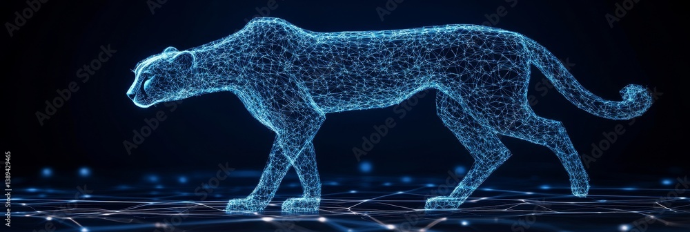 Poster wireframe rendering of a cheetah gliding through cyberspace on a network of interconnected nodes