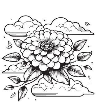 black and white flower with clouds clip art preview
