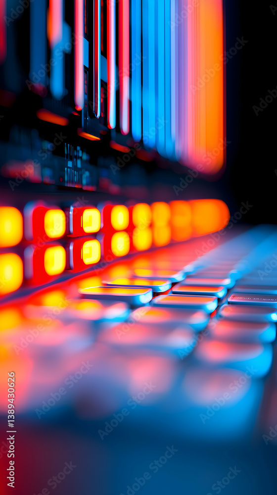 Aufkleber closeup of illuminated server racks and keyboard with red and blue lighting
