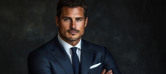 Professional portrait of a welldressed man in tailored navy suit autumn backdrop