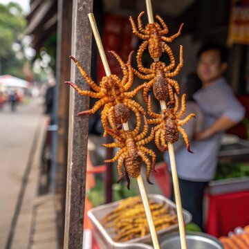 Fried tarantulas on skewers displayed at a street food stall, showcasing an exotic dish in a vibrant market setting