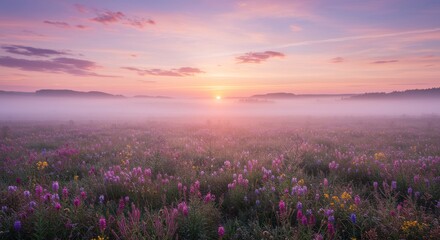 Obraz premium Sunrise Meadow Serenity - Peaceful sunrise over a misty meadow filled with wildflowers. Symbolizing tranquility, new beginnings, hope, beauty, and nature's wonder