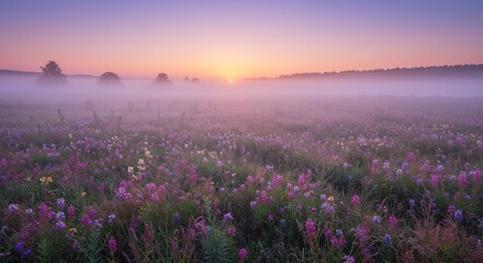Obraz premium Sunrise Meadow Serenity Pastel Landscape - Peaceful sunrise over a misty flower meadow. Symbolizing tranquility, nature's beauty, new beginnings, soft light, and vibrant life