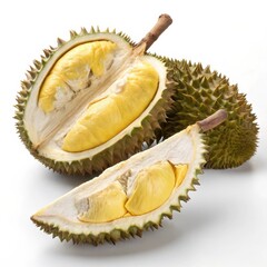Obraz premium Fresh durian cut open, revealing its distinctive yellow flesh, presented on a white background
