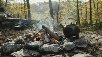 Campfire with boiling teapot and vintage enamelware, waterfall mist catching the morning light