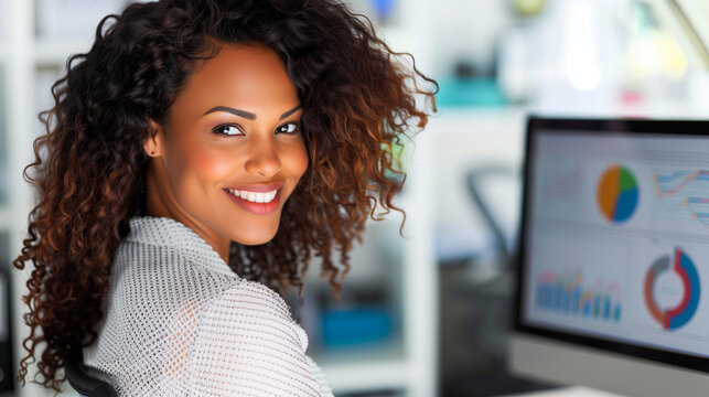 Image of statistical data processing against portrait of biracial woman smiling at office. Computer interface and business data technology concept