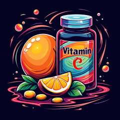 A vibrant illustration of vitamin C supplements in a jar, an orange, and a slice, set against a dark dynamic background.