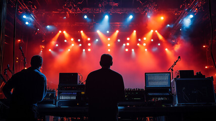 Stage Lighting Tech. Technicians testing lights & rigging before a concert. Stage production & live event prep.
