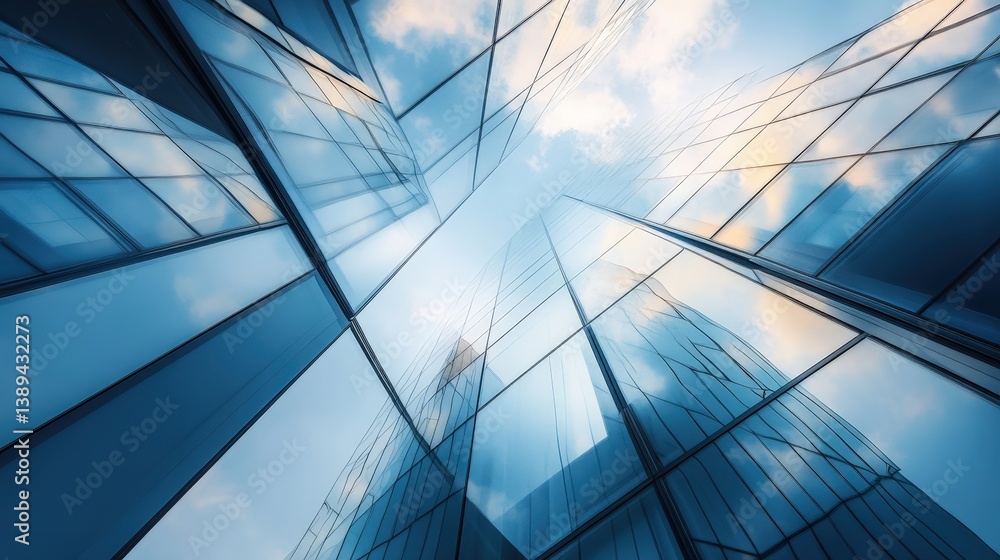 Poster modern abstract architectural composition with overlapping transparent glass panels reflecting the s