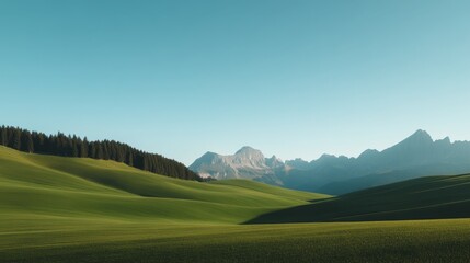 Fototapeta premium Lush green landscape with rolling hills and majestic mountains under a clear blue sky during daytime