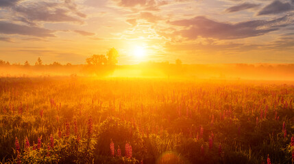 Majestic lupines field bathed in vibrant sunrise glow. A tranquil countryside scene for dreamy landscape background. Serene nature escape or ethereal spring greetings.