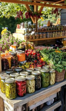 A vibrant farmers' stall selling jars of kles and preserved vegetables.